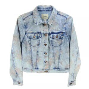 New Jessica Simpson Women Blue Denim Jean Jacket M Rose Gold Floral Pattern